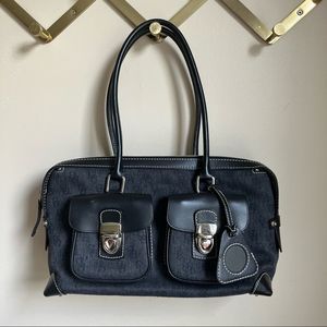 Dooney and Bourke Black Gray Denim Leather Satchel Shoulder Bag